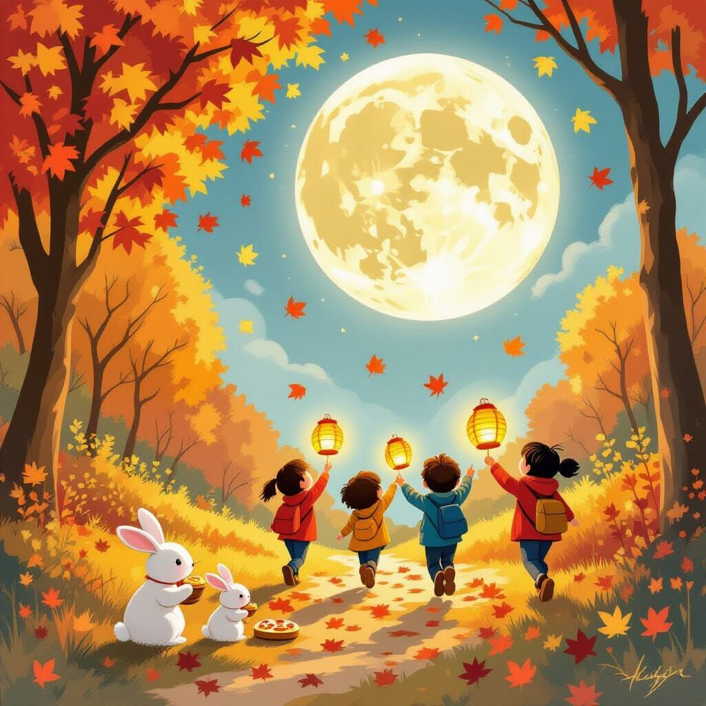 Children Chase Radiant Moon in Autumn Garden with Lanterns