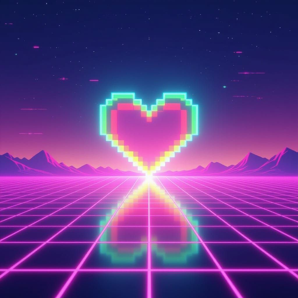 Neon Pixel Heart on Vaporwave Grid Floor