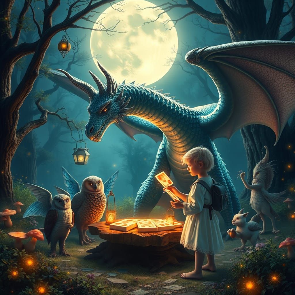 Dragon Card Game in Mystical Forest, Fantasy Art