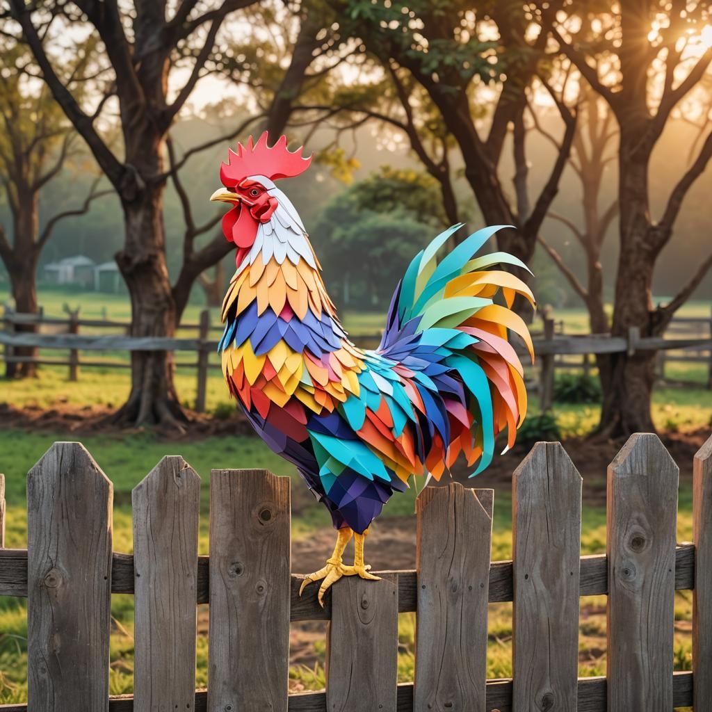 Colorful Origami Rooster Crowing at Sunrise