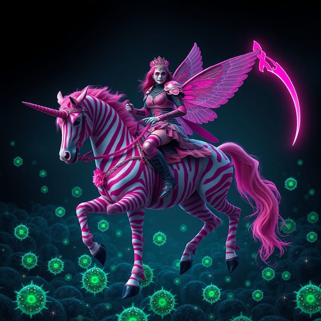 Gothic Warrior Queen Rides Zebra Unicorn