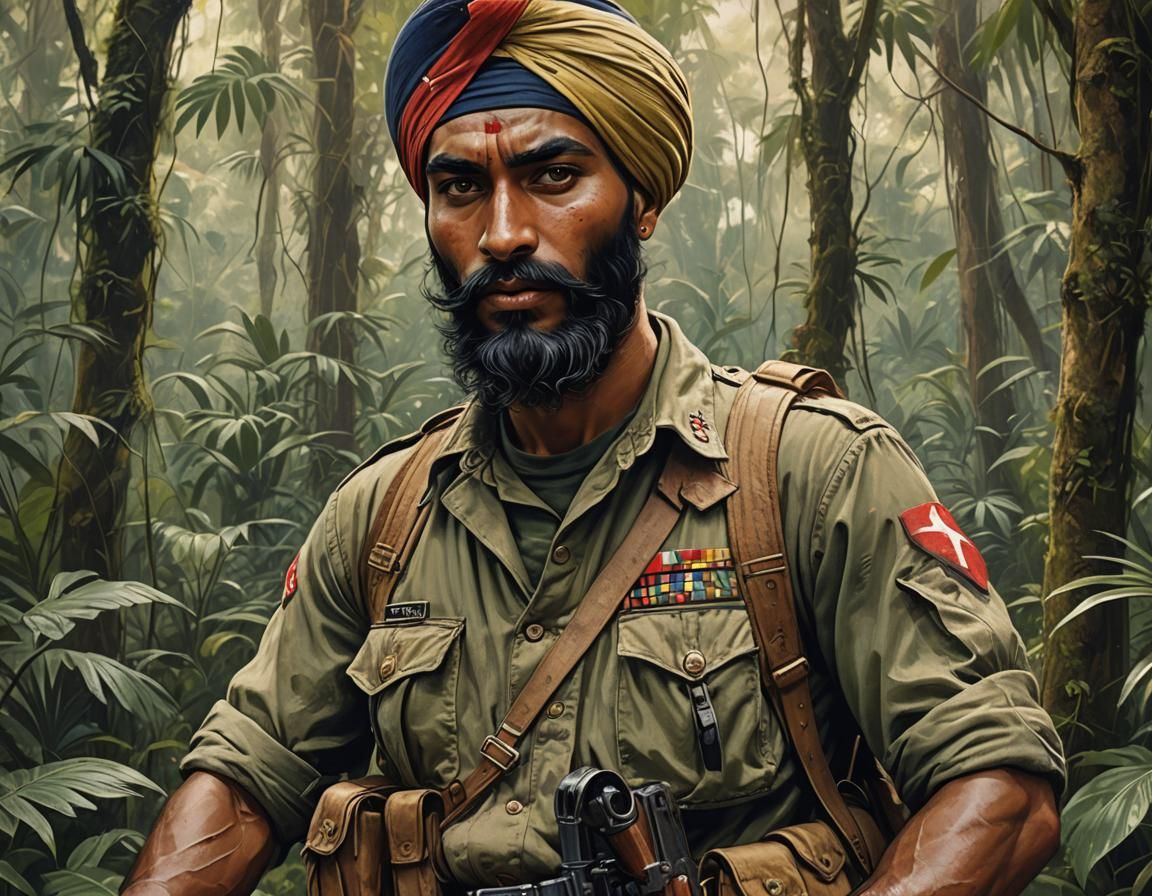 Sikh Soldier in Jungle, Vintage Pin-Up Style