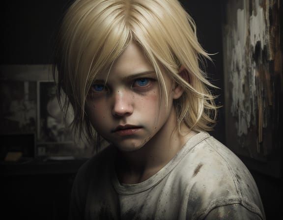 Grunge Oil Painting of Boy with Intense Eyes
