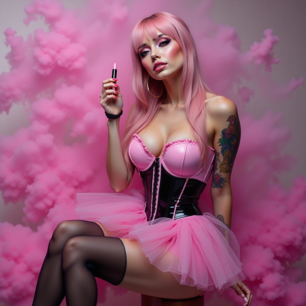 Woman with Pink Hair in Latex Outfit Holding Lipstick