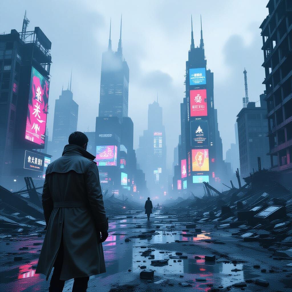 Lone Figure in Ruined Cityscape with Holographic Ads