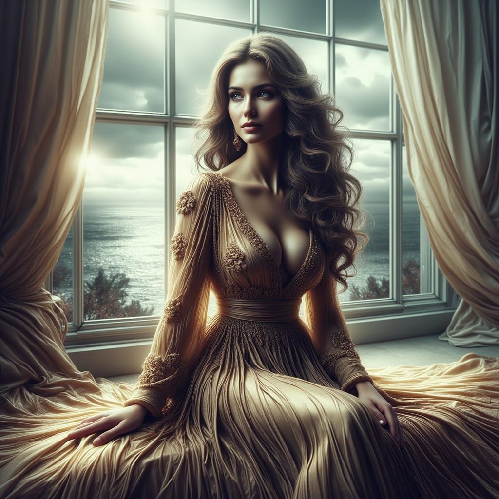 Ethereal Woman in Long Gown, Seated by a Majestic Window