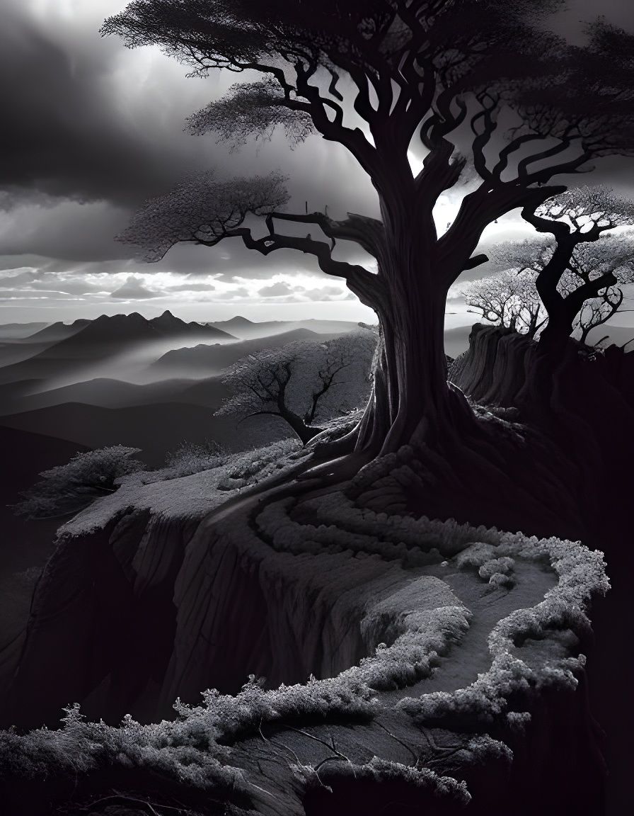 Monochrome Tree with Dramatic Clouds Photograph