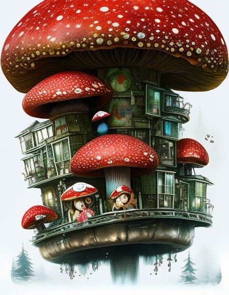 Chibi Mushroom Tower Hotel in Detailed Inkblot Art