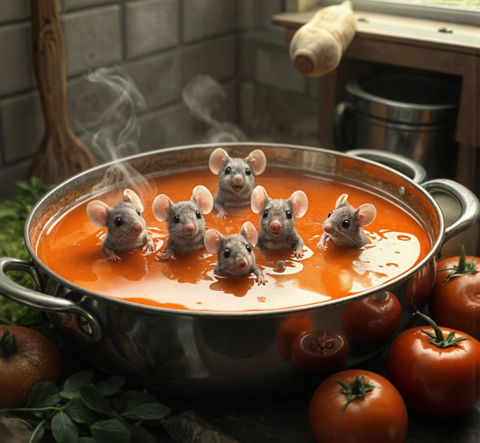 Mice Family Swimming in Tomato Soup - Hyperrealistic