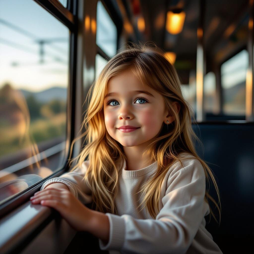 Young Girl Riding Train in Photorealistic Matte Painting