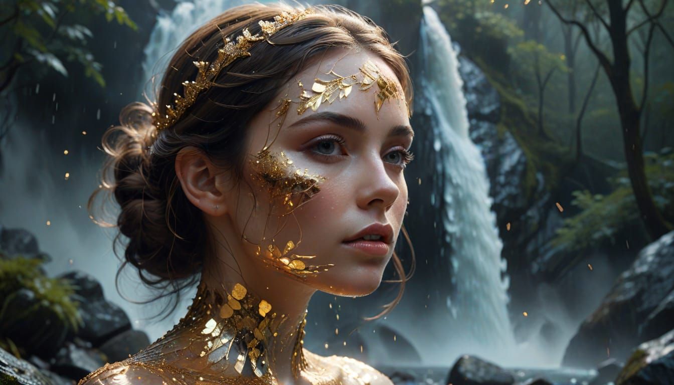 Ice Woman Double Exposure with Forest Waterfall