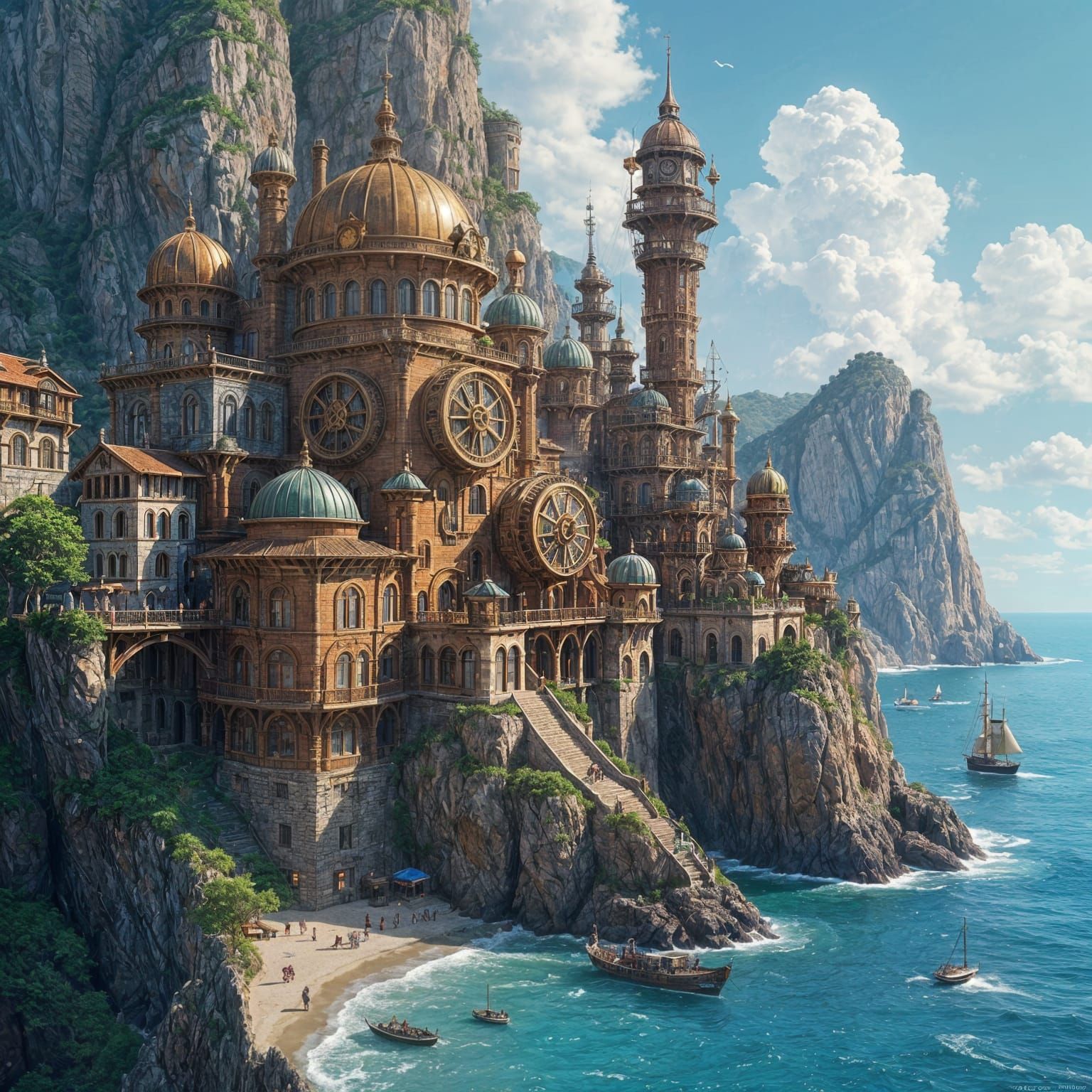 Steampunk City Perched on Rocky Cliff