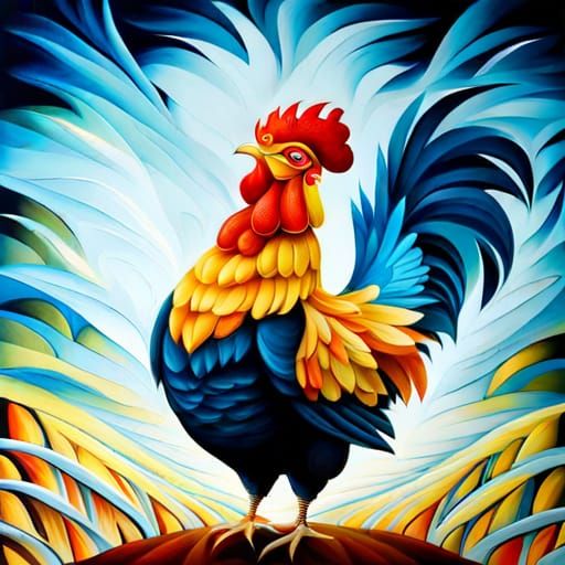 Surreal Armored Rooster: Abstract Oil Painting