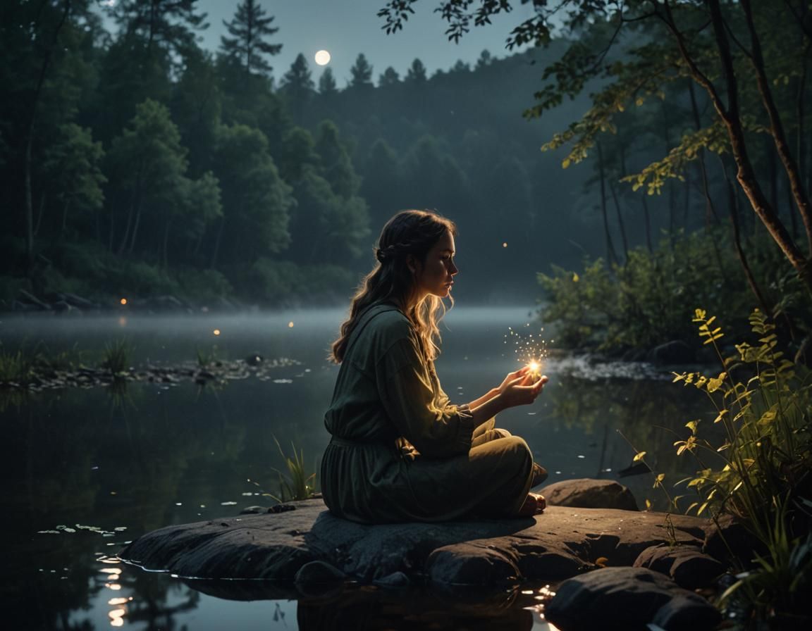 Girl in Moonlit Forest with Fireflies