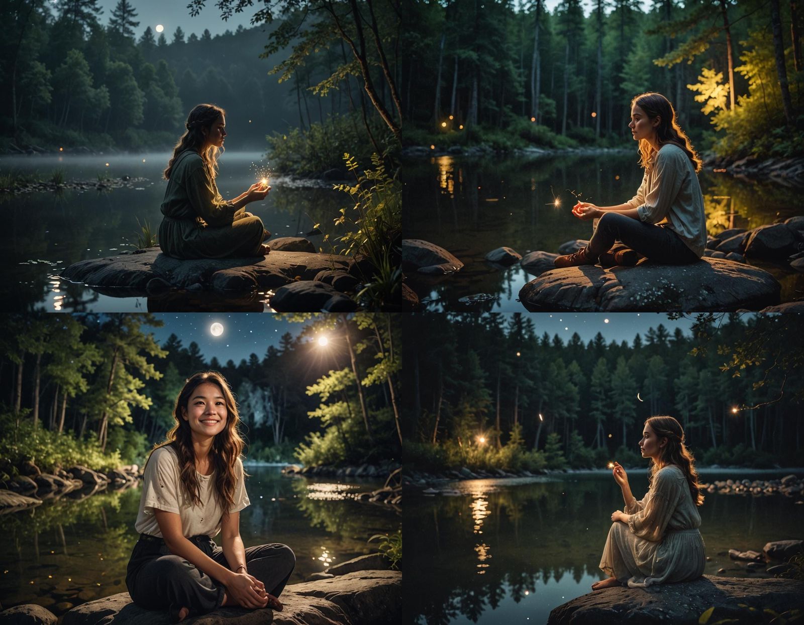 Girl in Moonlit Forest with Fireflies: Photography