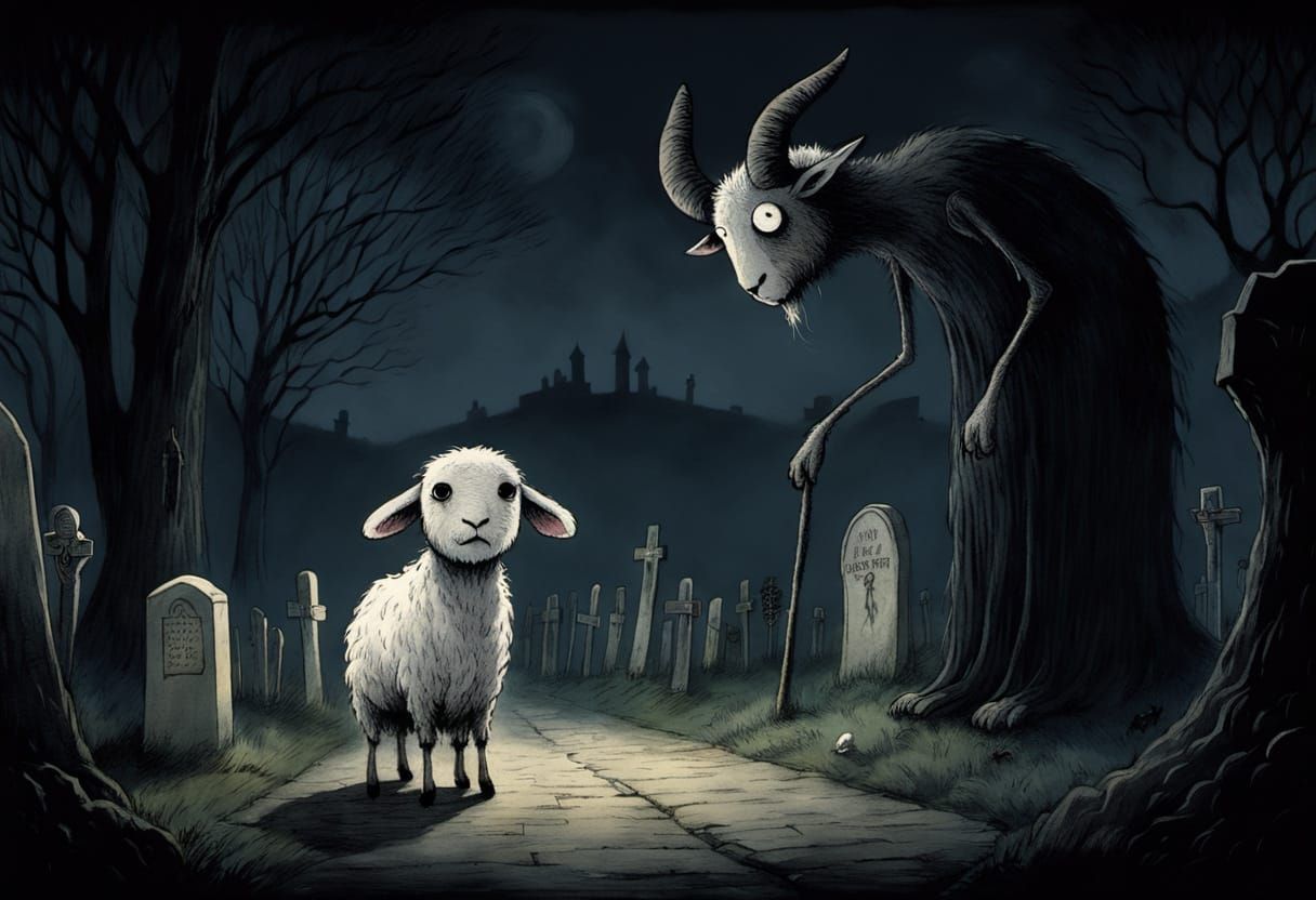 Scared Lamb in Cemetery, Whimsical Dark Art