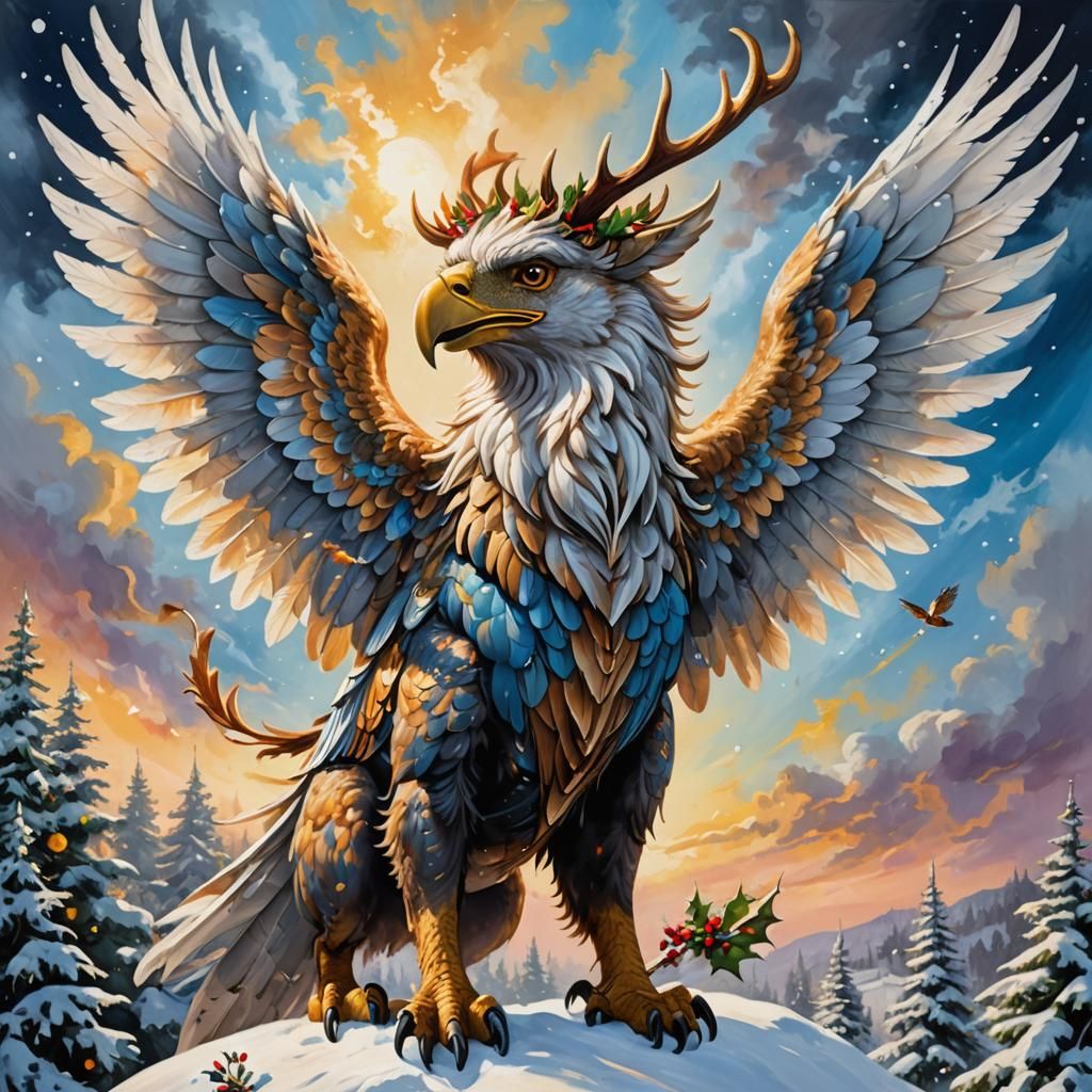 Surreal Christmas Mythical Griffin Soars in a Radiant, Vibra...