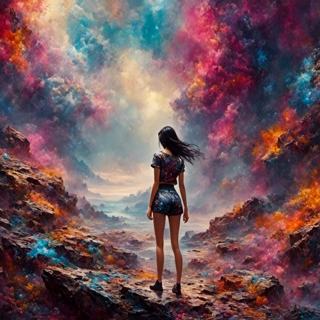 Slender Woman Gazing at Colorful Alien Landscape