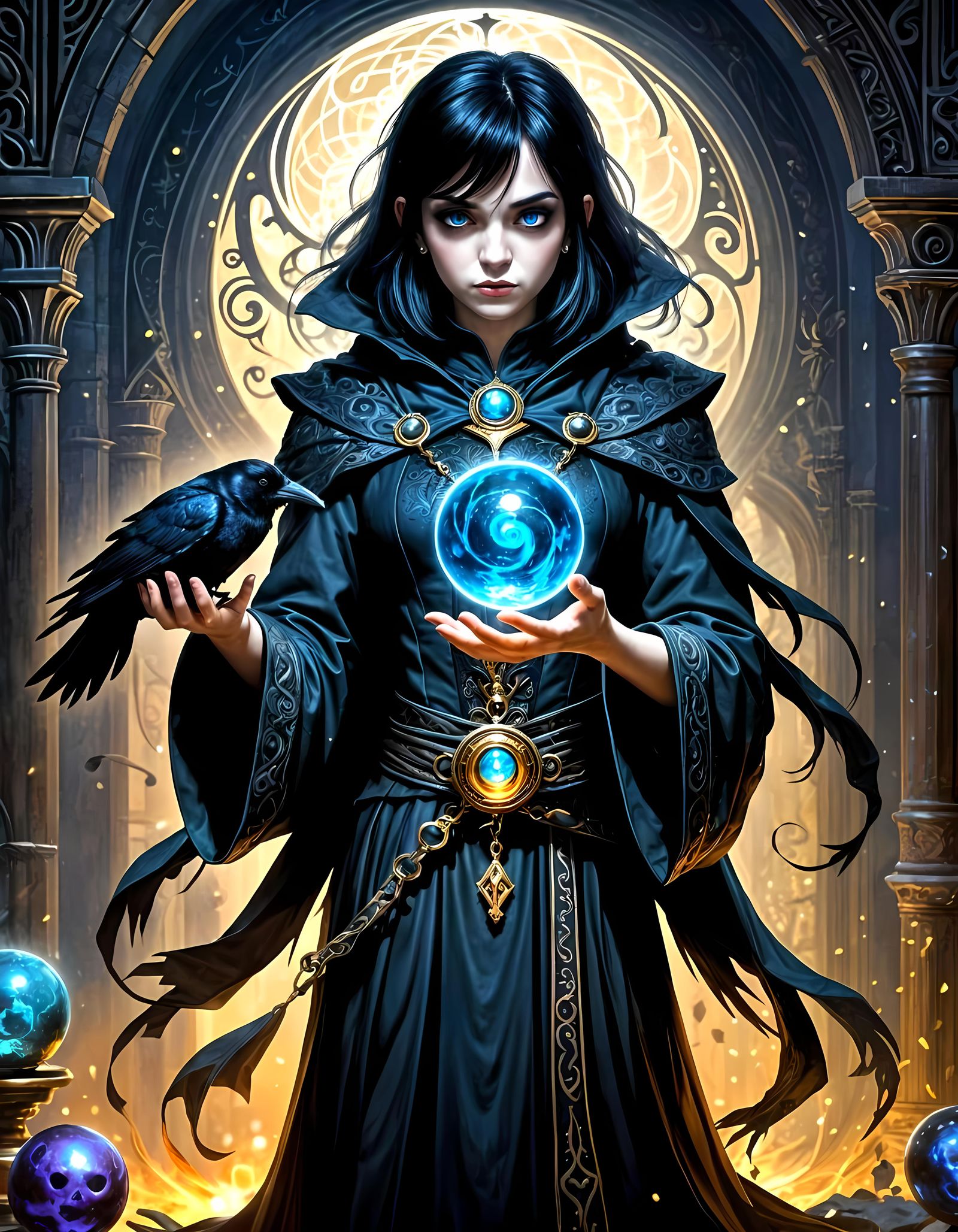Raven Haired Mage with Magic Orb in Gothic Style