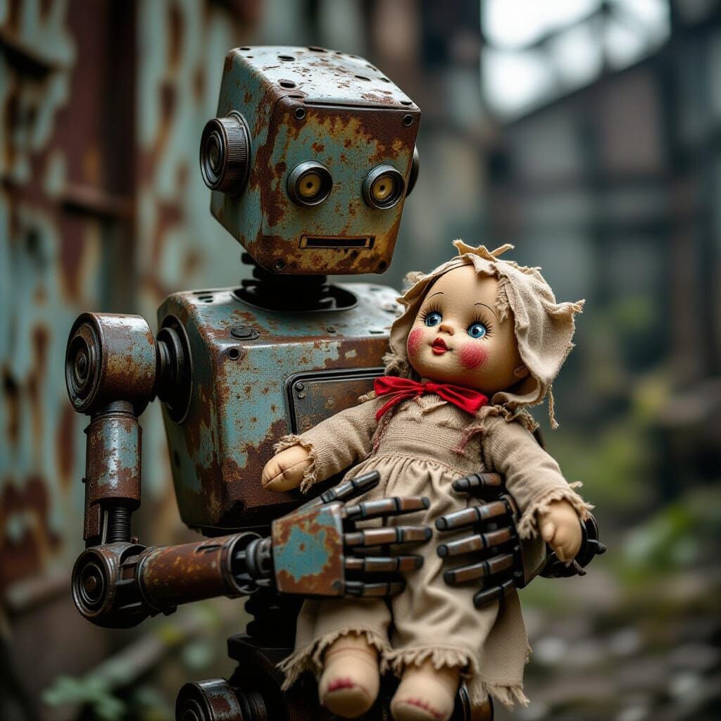 Rusted Robot Holds Worn Doll in Moody Lighting