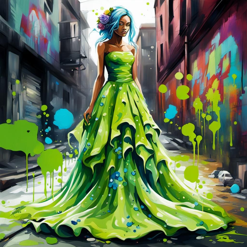 Lime Green Wedding Dress with Blue Accents in Graffiti Art