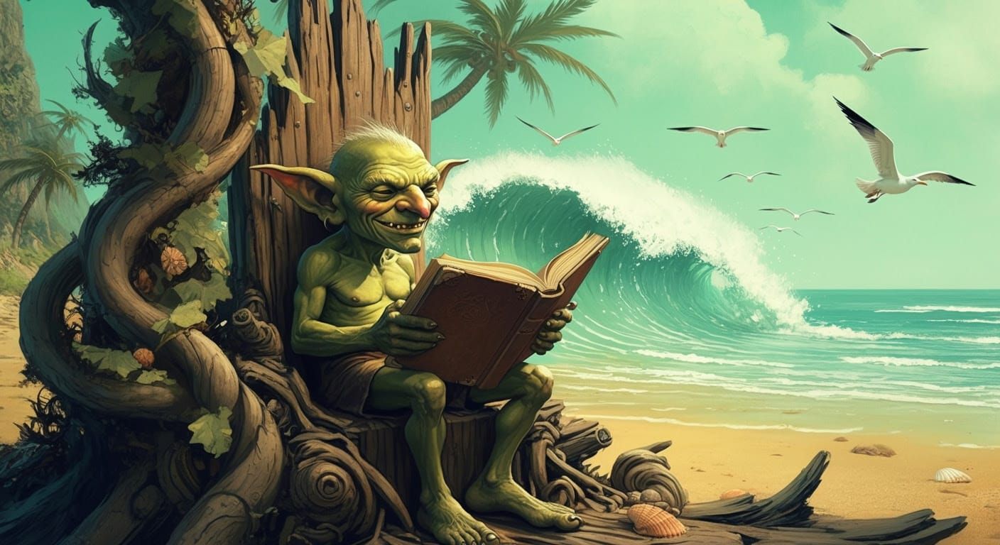 A vibrant goblin sits on a driftwood throne, reading a book by a serene beach with palm trees and seagulls amidst gentle...