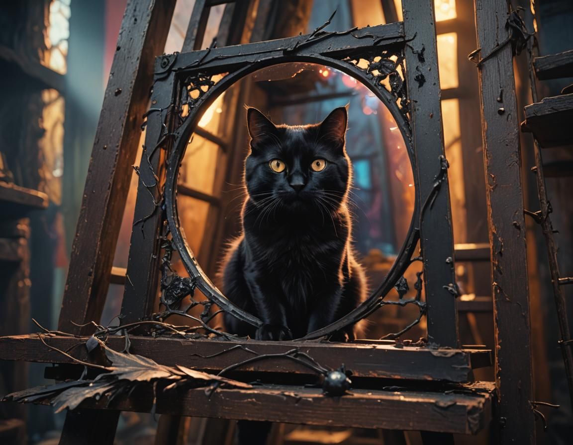 Black Cat and Broken Mirror in Digital Painting