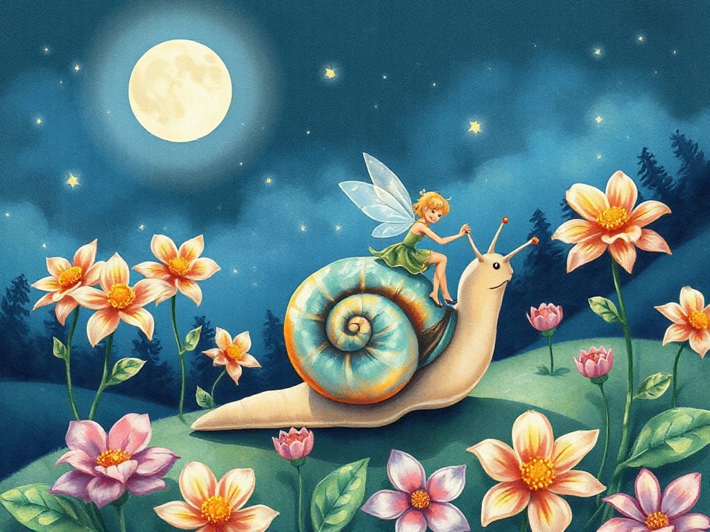 Fairy Rides Snail Through Moonlit Garden in Watercolor