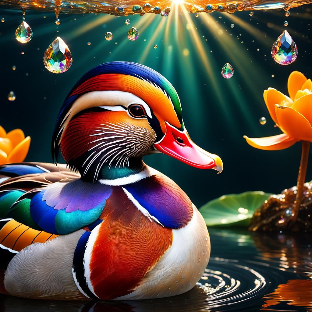 Hyperrealistic Mandarin Duck Portrait with Iridescent Detail...