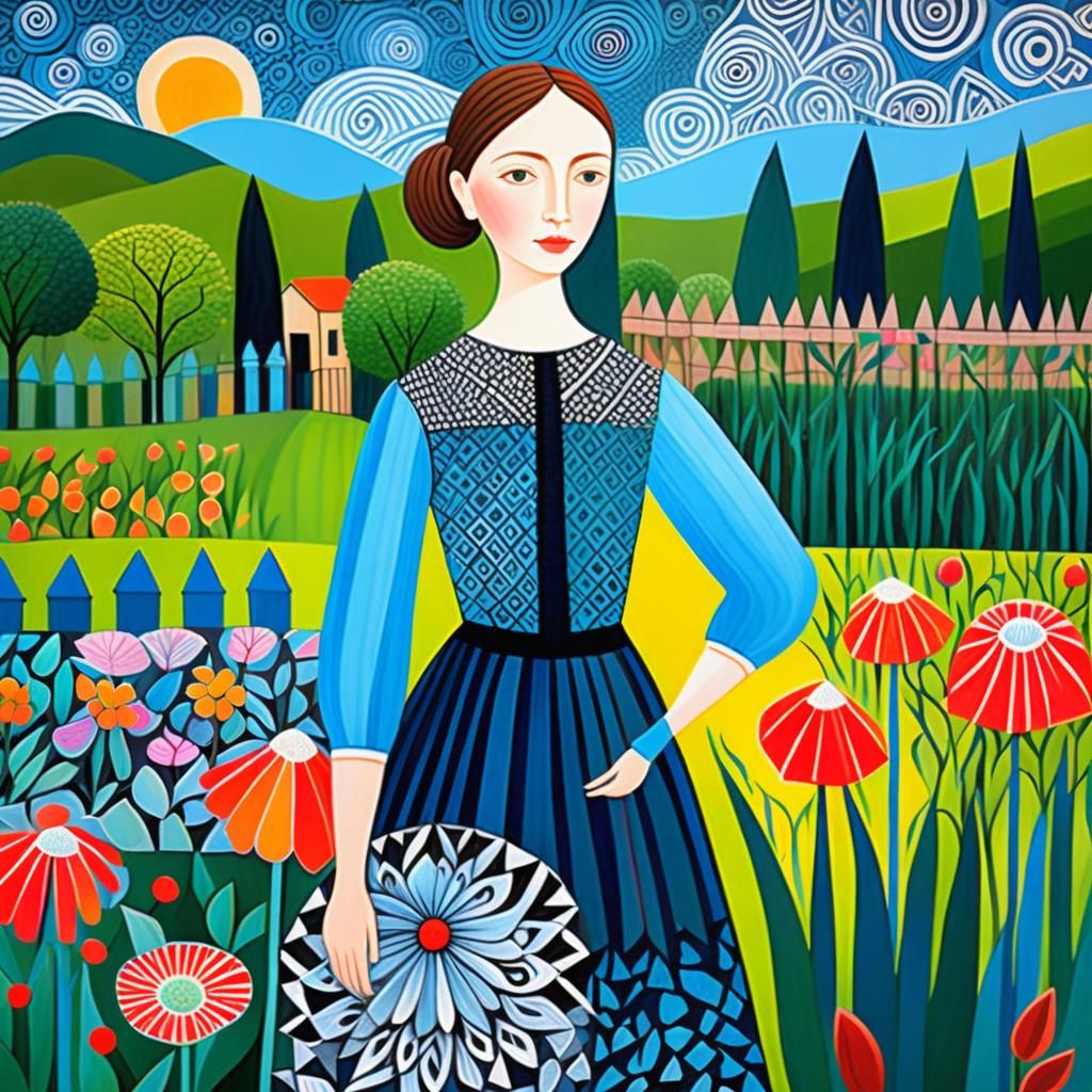 Woman in Garden: Impressionistic Pop Art Illustration