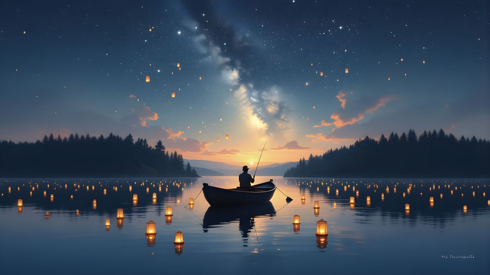 Serene Lake at Night With Floating Lanterns and Fishing Boat