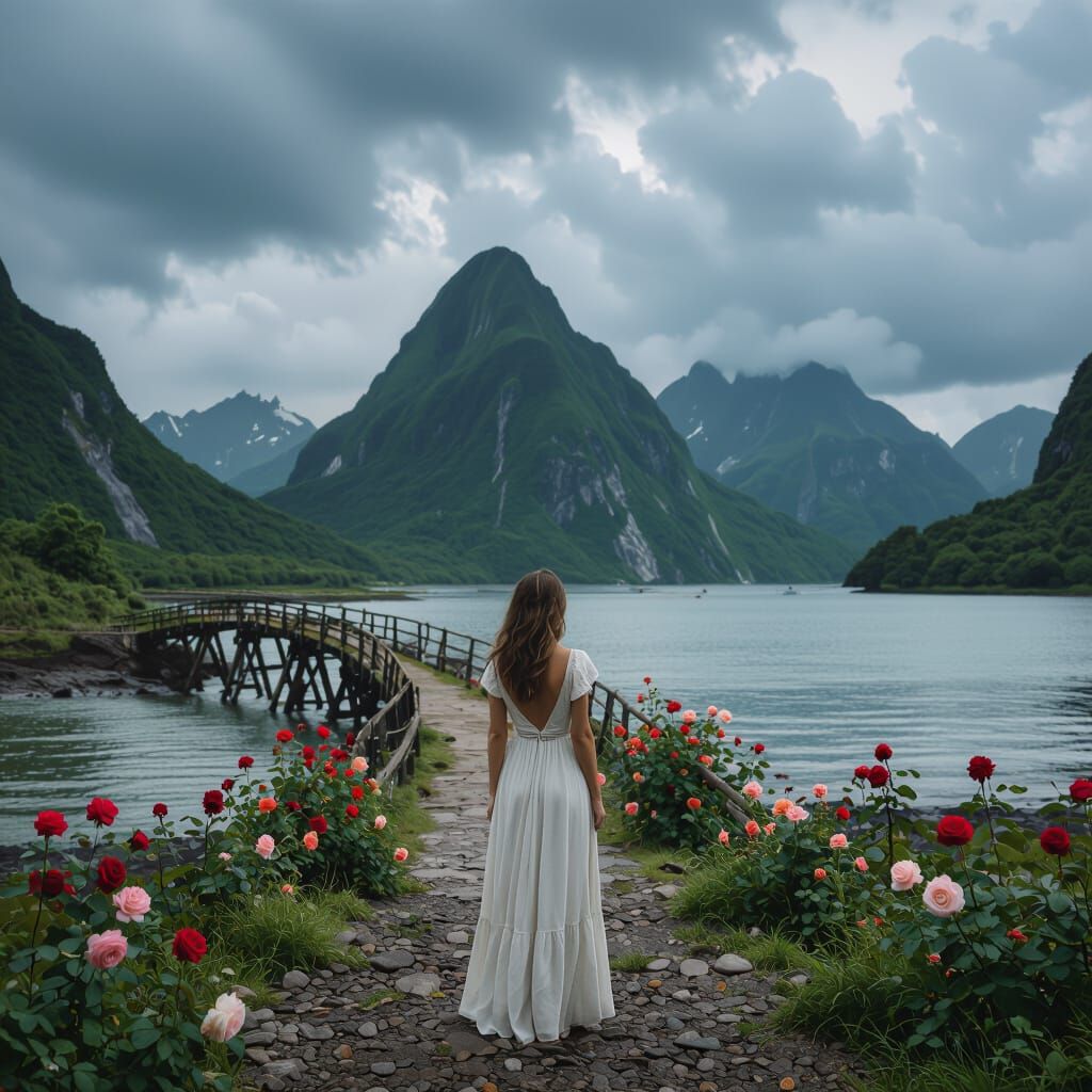 Cinematic Seashore Scene with Mountains and Roses