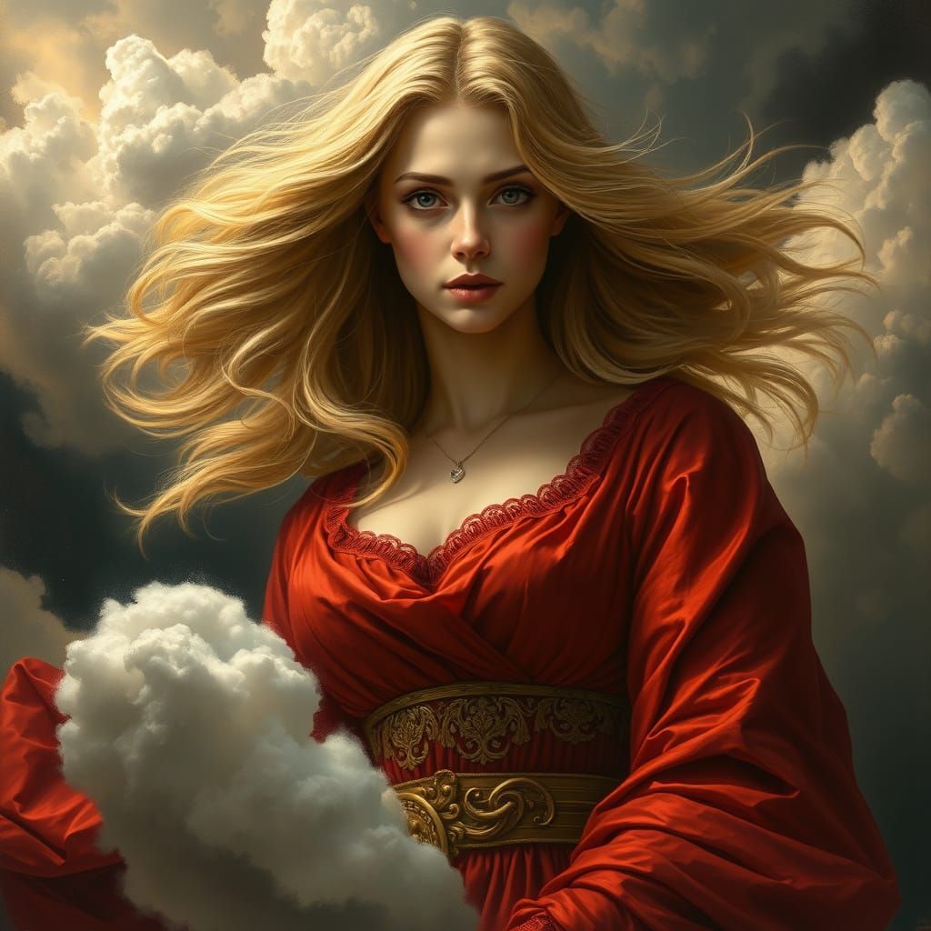 Ethereal Woman in Clouds: Renaissance-Style Digital Art