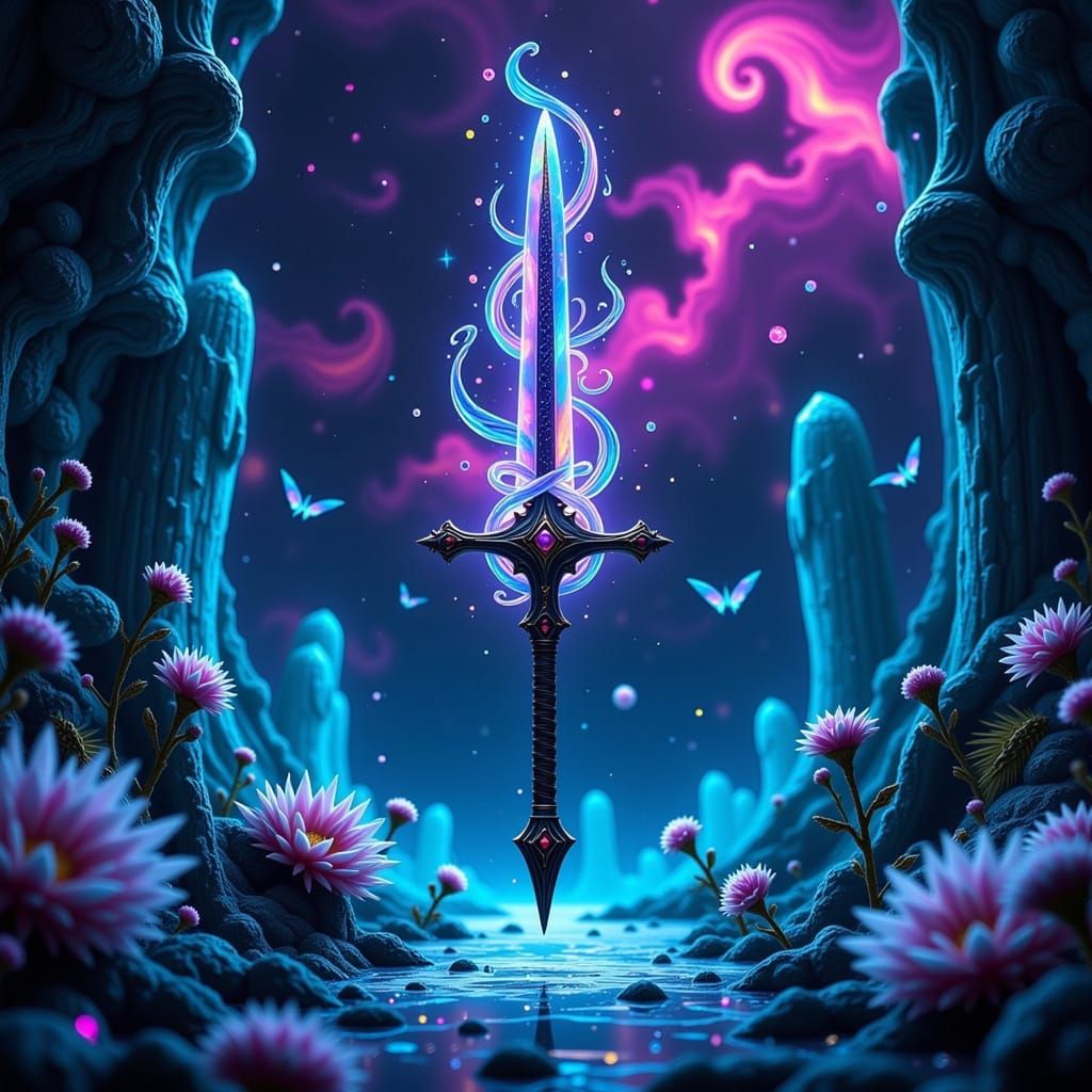 Dark Fantasy Sword in a Cosmic Landscape with Iridescent Sca...