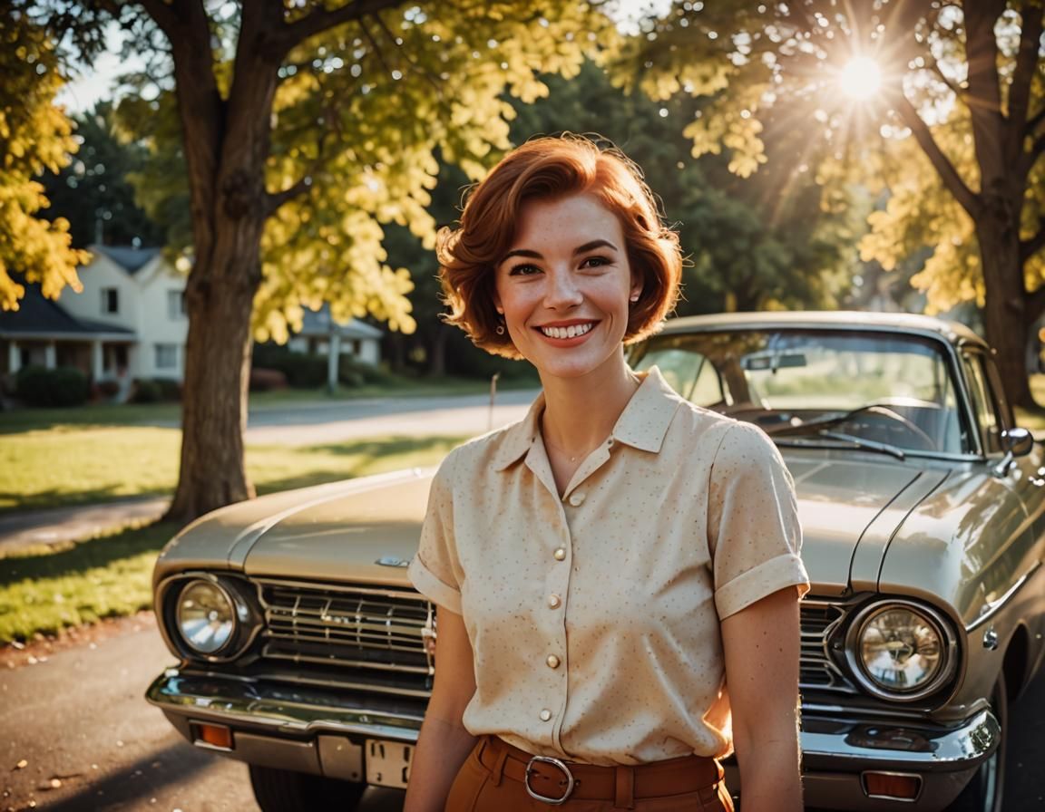 Vintage Photo of Woman with 1960s Car