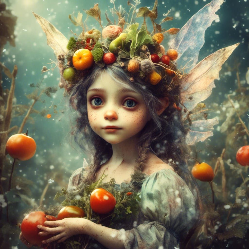 Snow Fairy Planting Vegetables in Digital Watercolor