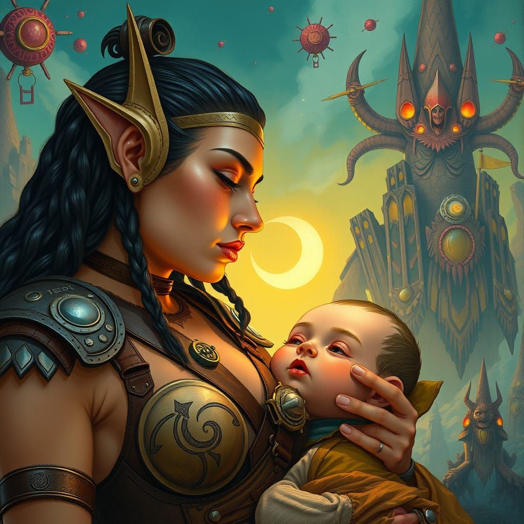 Woman and Infant in Retro Sci-Fi Setting