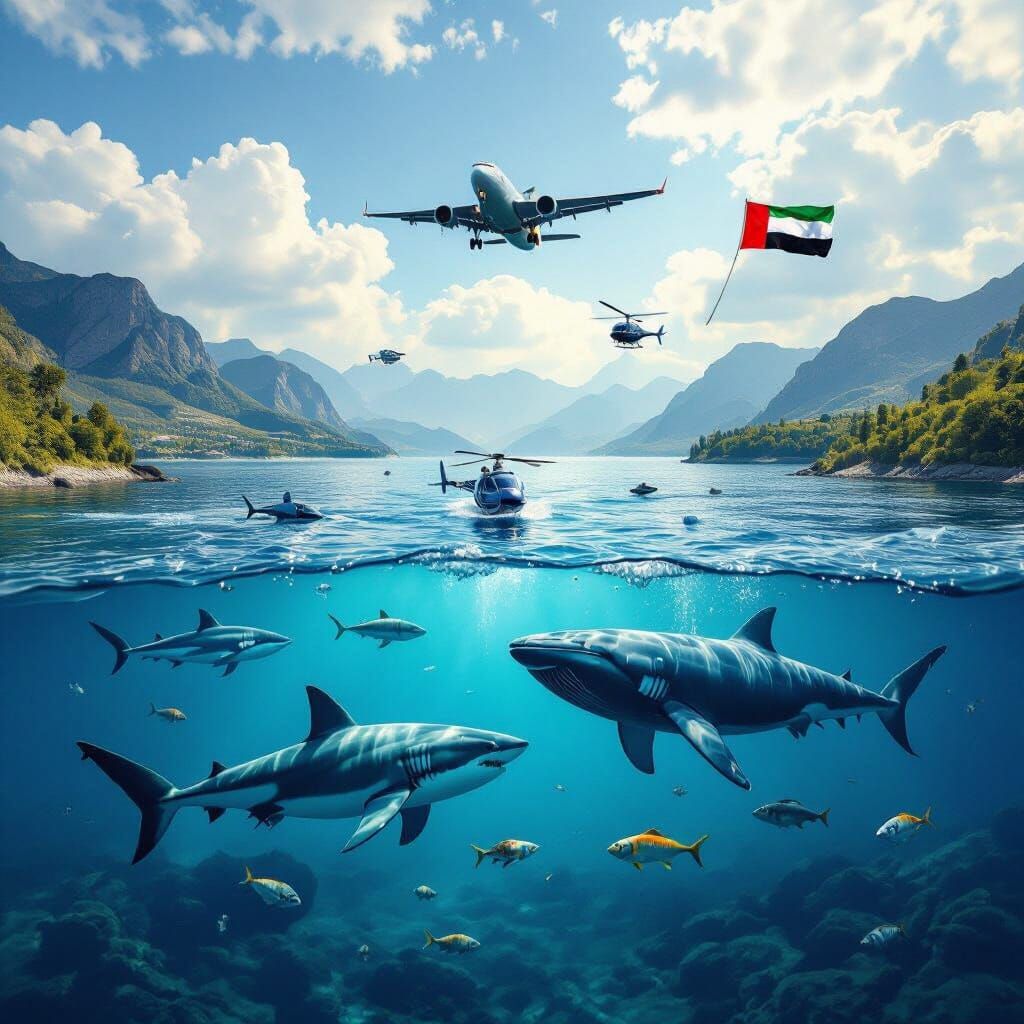 UAE Flag Flies Above Hyperrealistic Lake Scene with Wildlife...