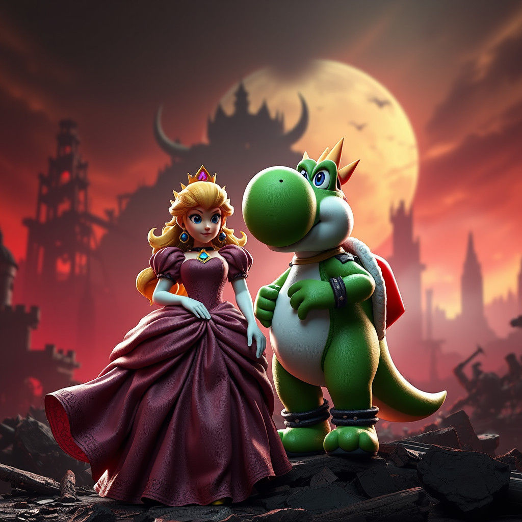 Princess Peach and Yoshi in Dark Fantasy Realm