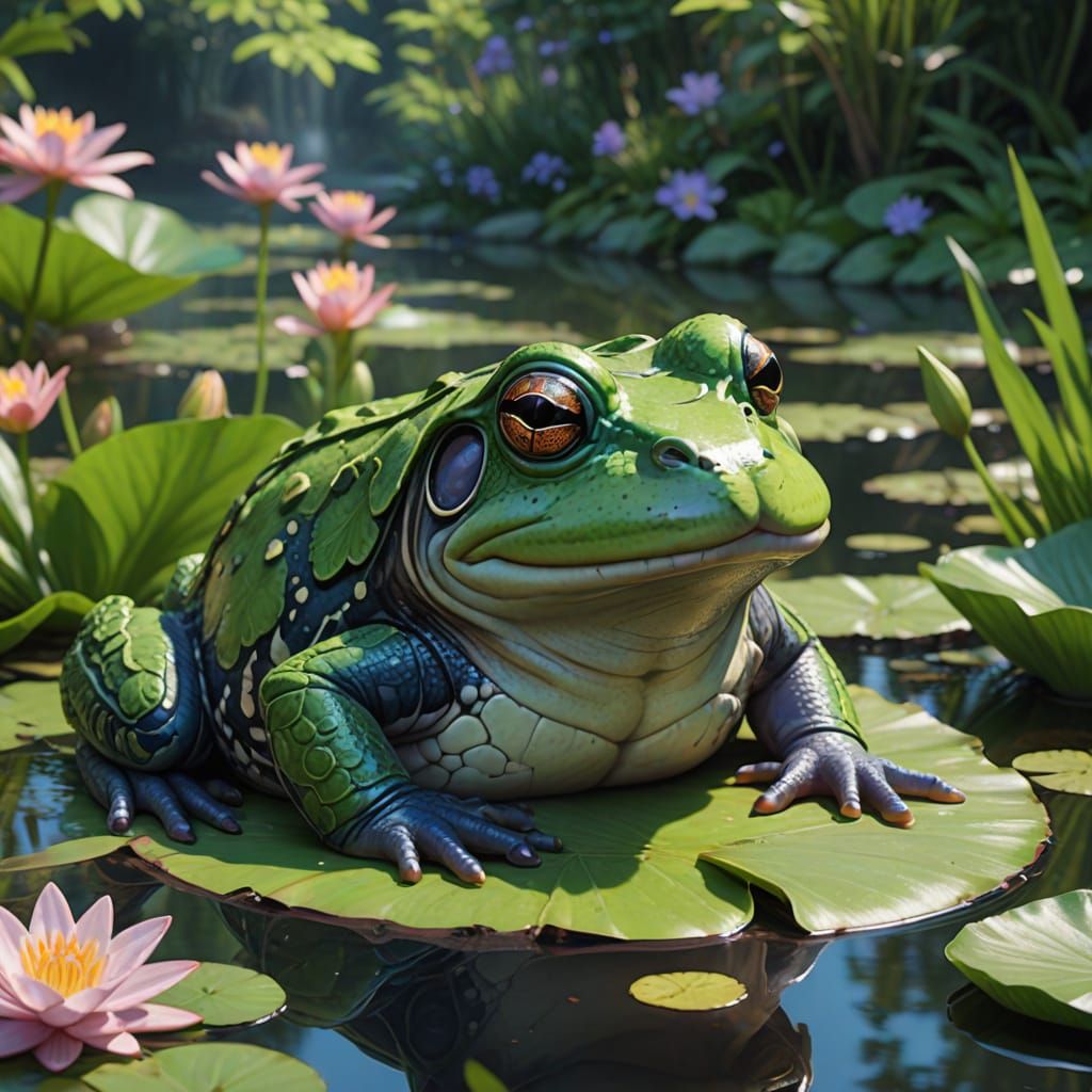 Surreal Anime-Inspired Bullfrog Sits Serenely on Lily Pad