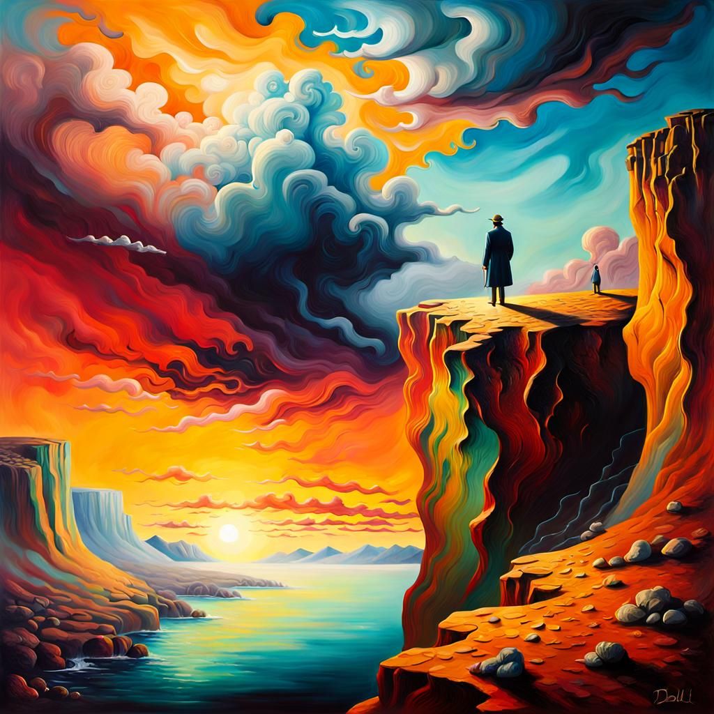 Eerie Surreal Landscape with Lone Figure, Oil Painting