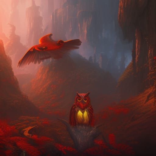 Fantastical Red Owl: Detailed Matte Painting