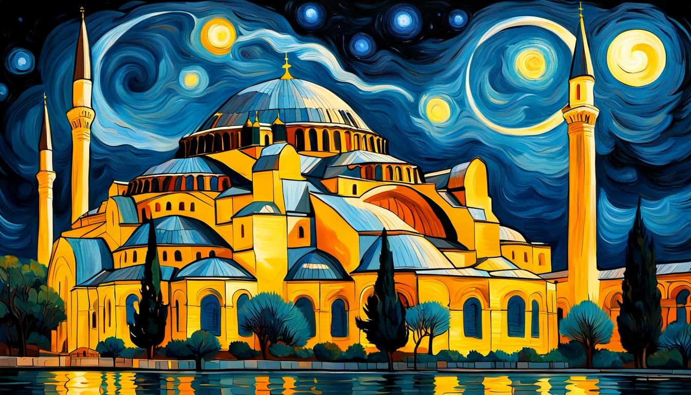 Hagia Sophia in moonlight, van gogh style