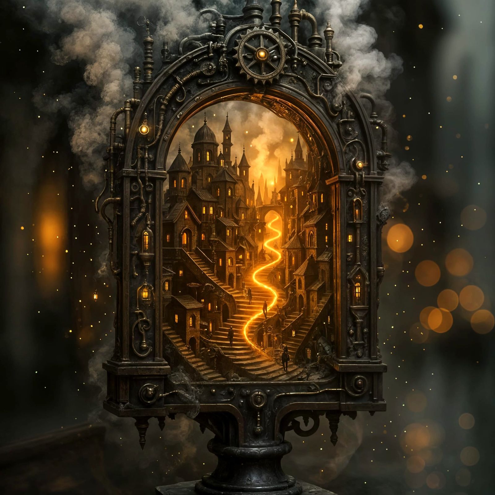 Steampunk Cityscape in Ornate Metallic Frame