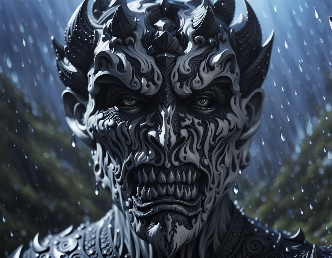 Detailed Woodcut of a Demon's Head in Black and White