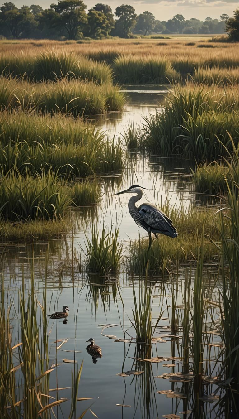 Scenic Reservoir with Heron and Ducks: Digital Painting
