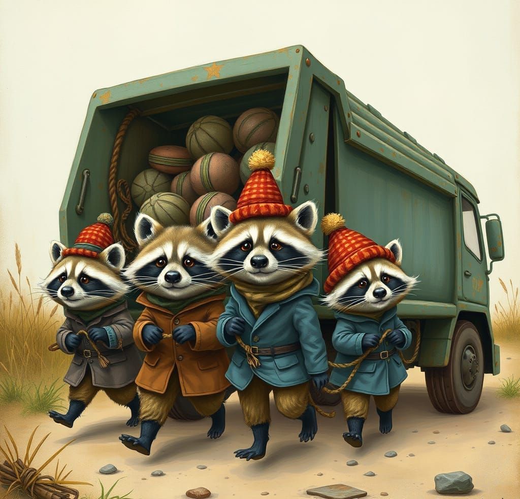 Raccoons Pulling a Garbage Truck with Ropes