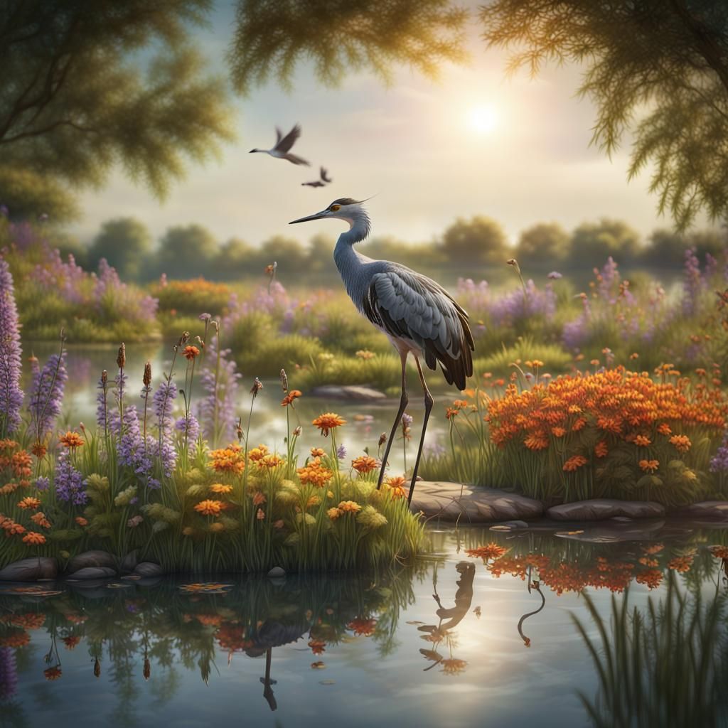 Wildflower Meadow with Cranes: Detailed Matte Painting