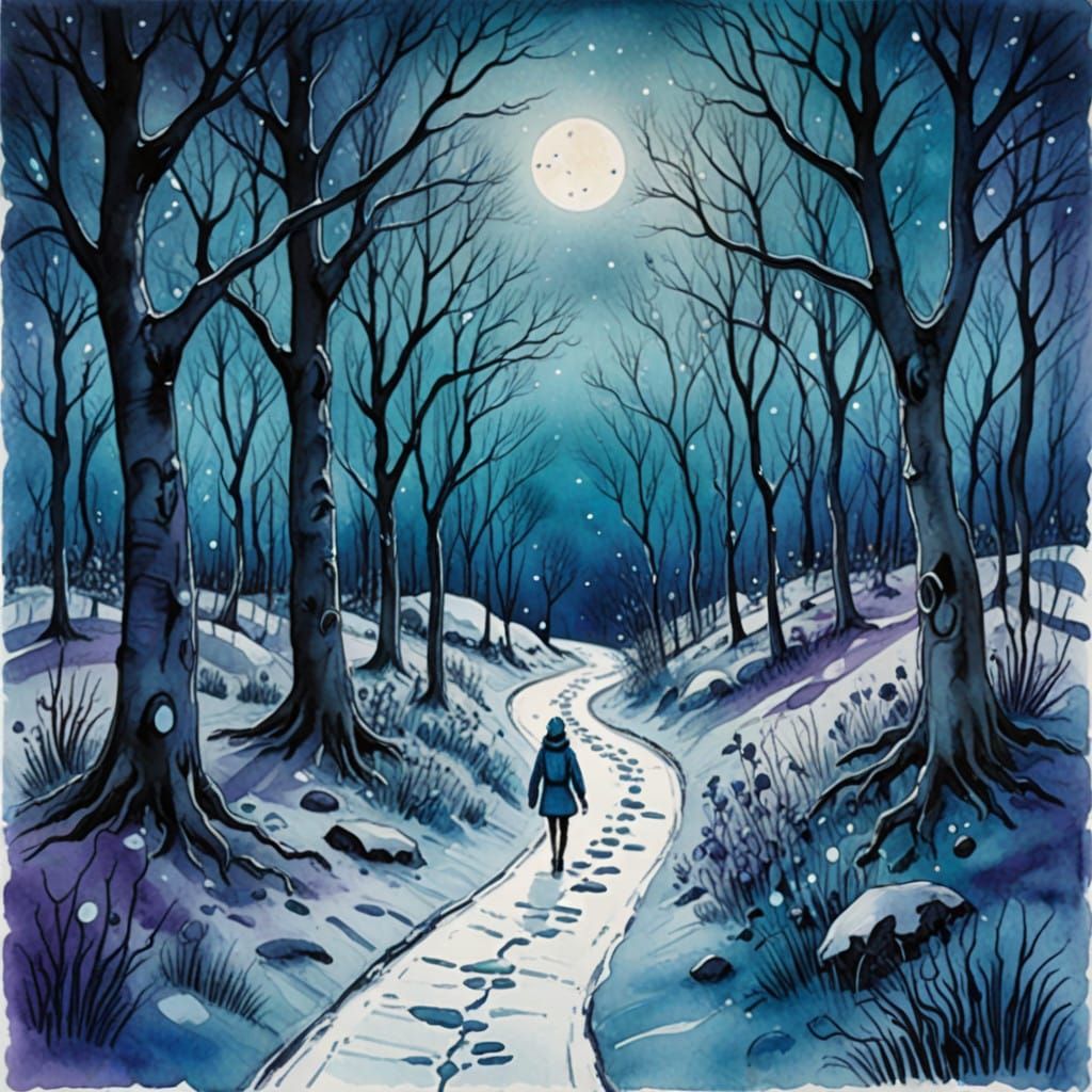 Dreamy Winter Forest Scene in Tim Burton Style