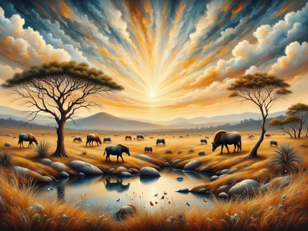 Vibrant African Savannah Scene in Earthy Tones
